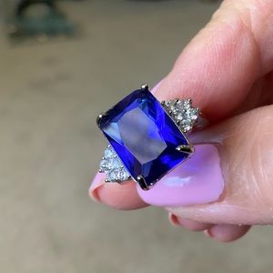 Ring Large Simulated Blue Sapphire And CZs Silver Size 6